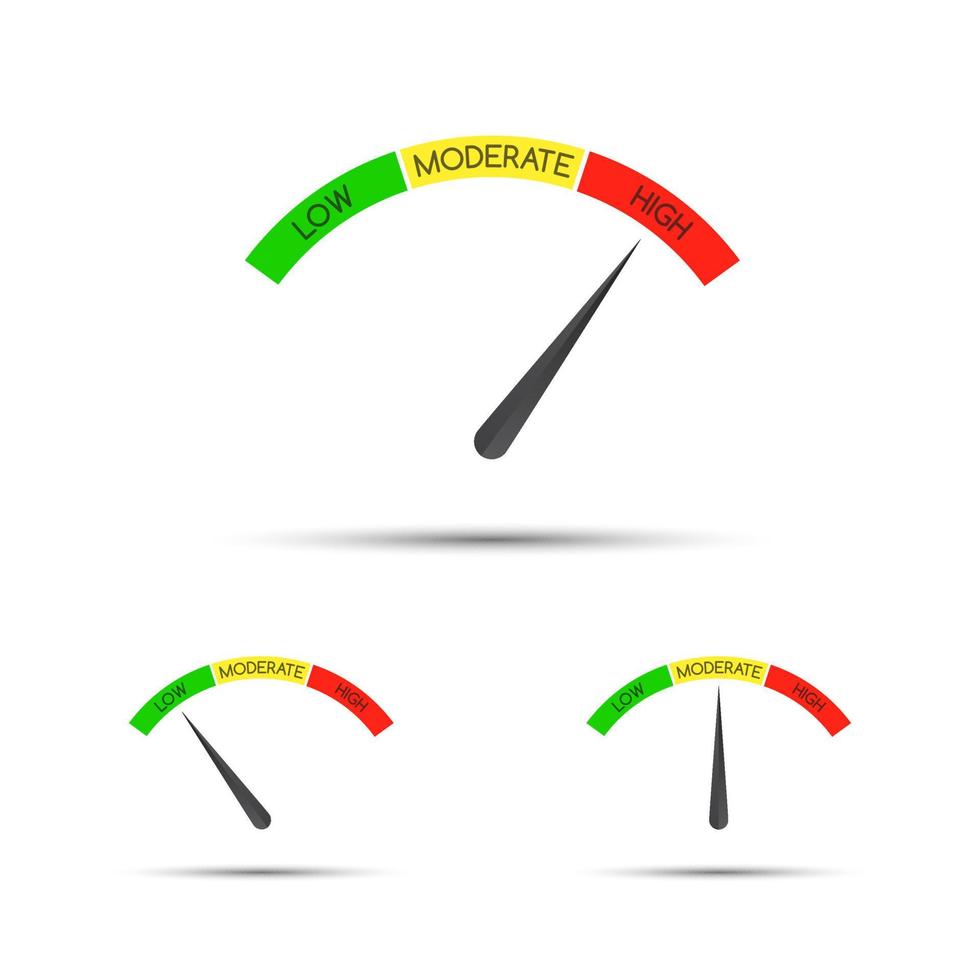 conjunto de tacômetro vetorial simples com descrições - baixo, moderado, alto. ícone do velocímetro, símbolo de medição de desempenho vetor