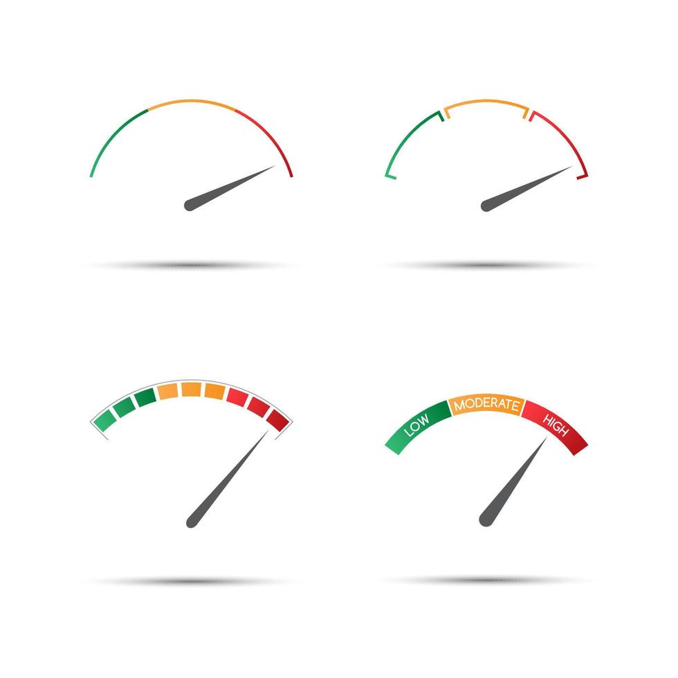 conjunto de quatro tacômetros de cores simples - baixo, moderado, alto. ícone de velocímetro vetorial, símbolo de medição de desempenho vetor