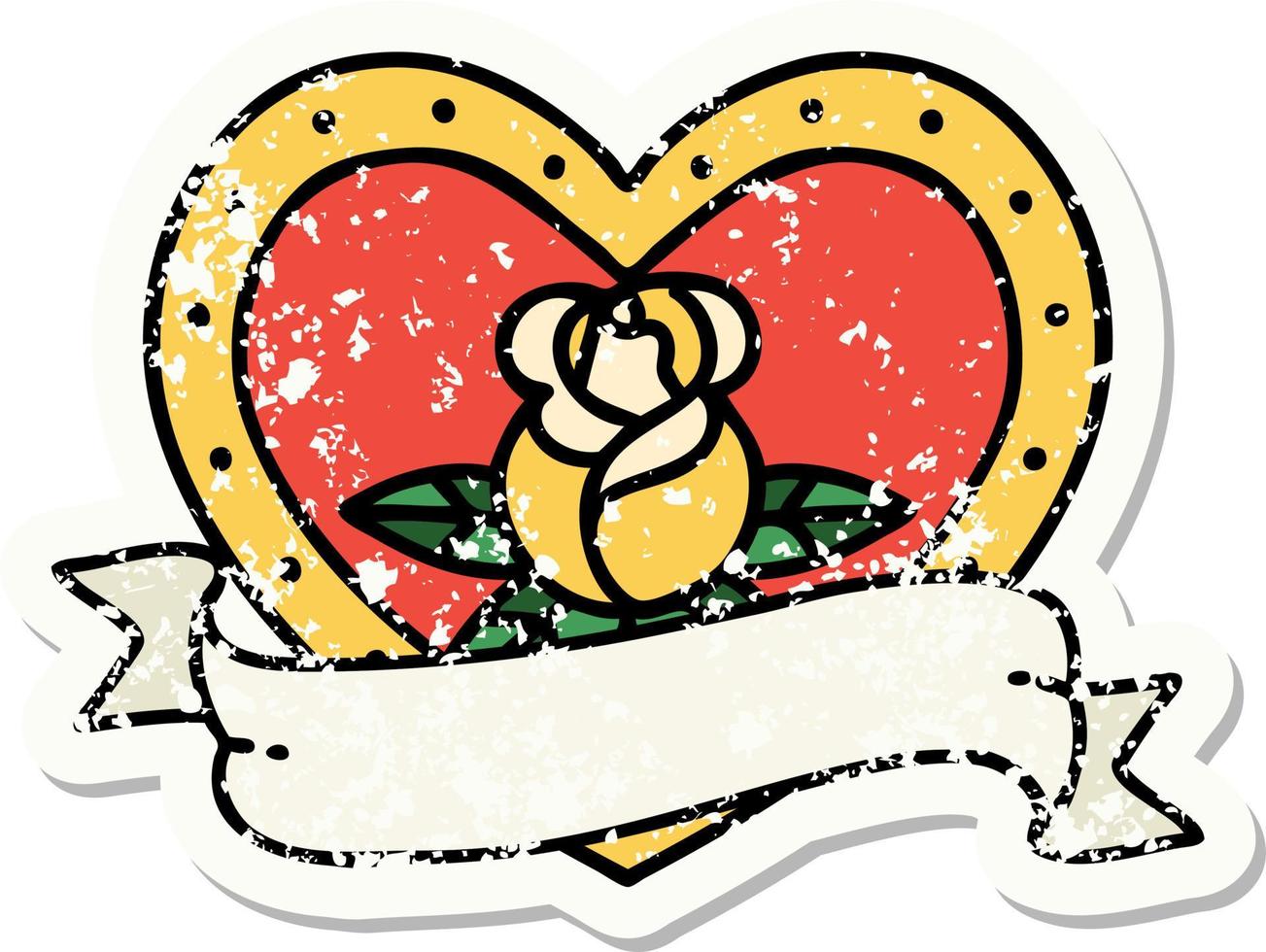 tatuagem de adesivo angustiado em estilo tradicional de uma rosa de coração e banner vetor