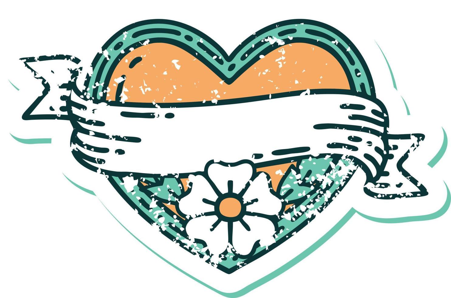 ícone de estilo de tatuagem de adesivo angustiado de um coração e banner com flores vetor