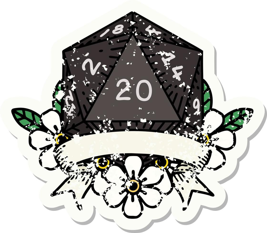 adesivo grunge de uma jogada de dados d20 de 20 acertos críticos naturais vetor