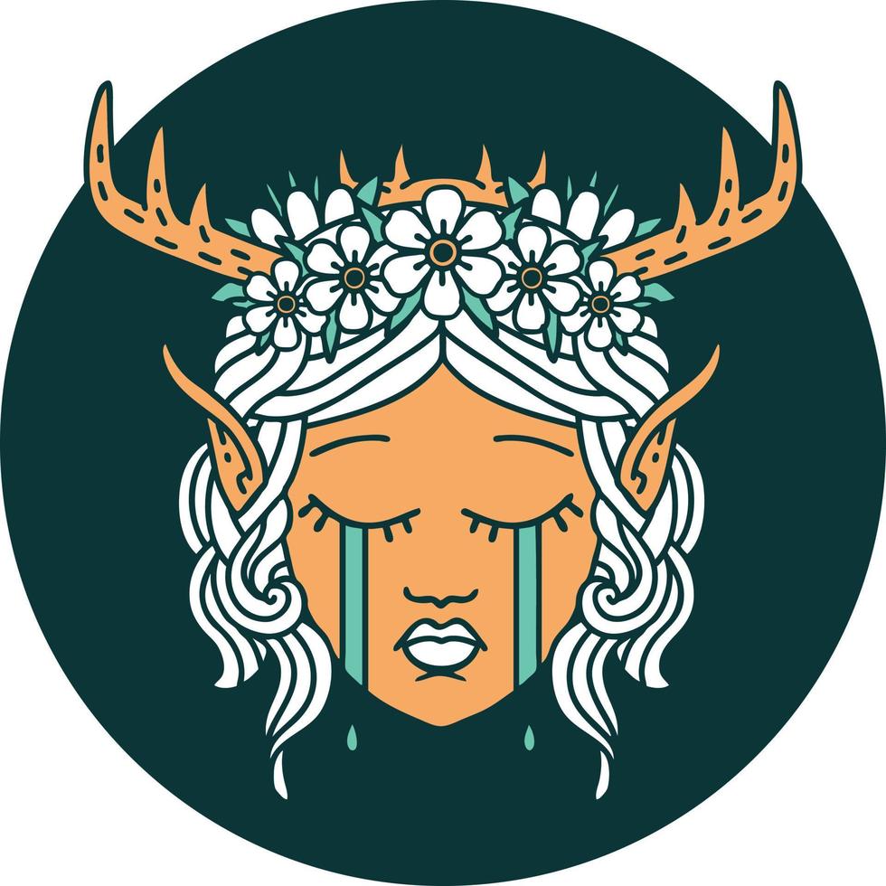 ícone do rosto de personagem de elfo druida chorando vetor