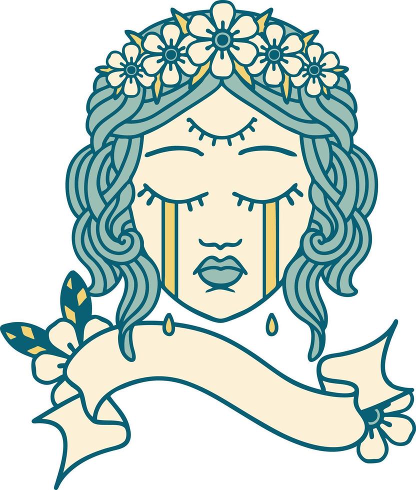 tatuagem tradicional com banner de rosto feminino com terceiro olho e coroa de flores cyring vetor