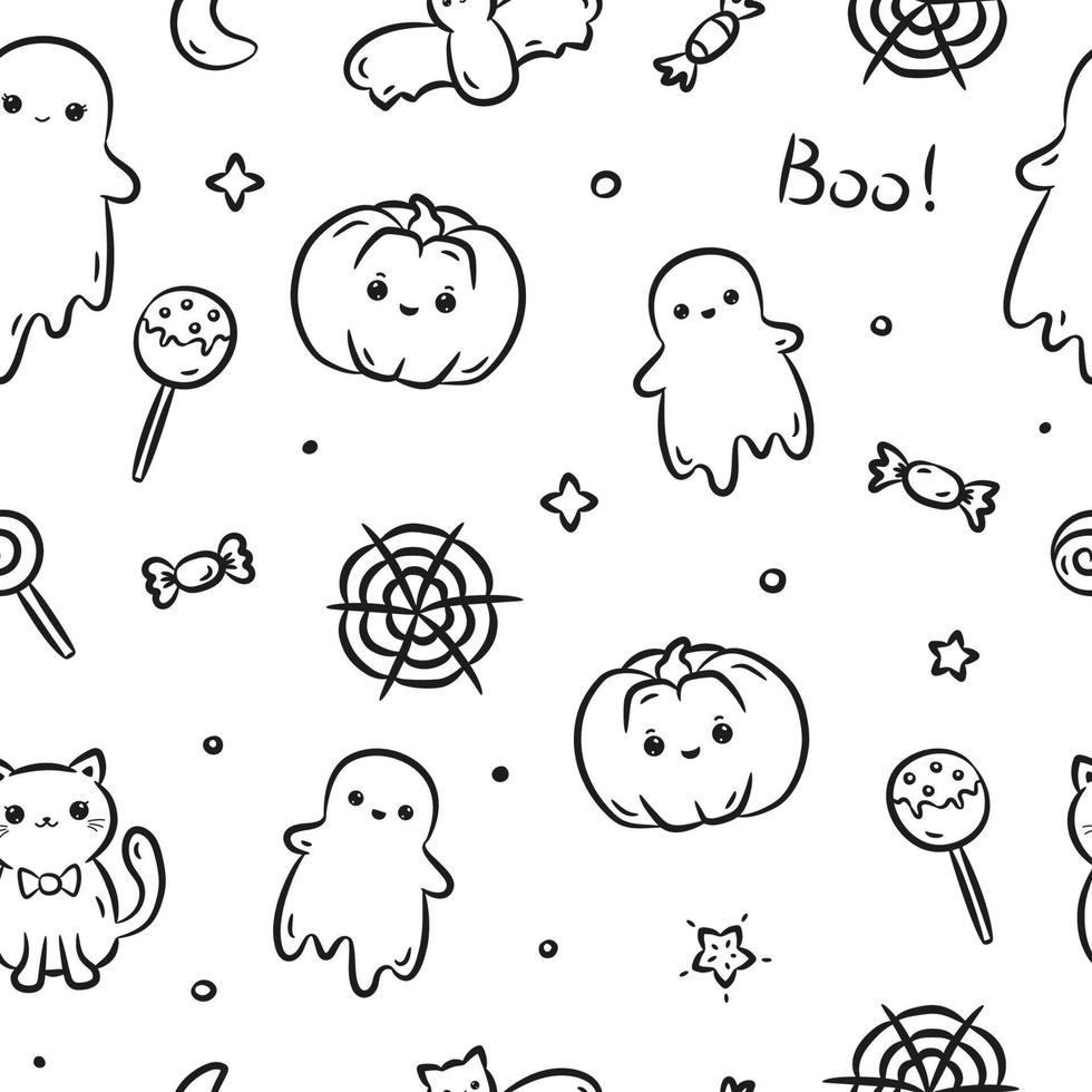 padrão perfeito com abóbora, fantasmas, morcego, gato, lua, web, doces e letras boo. impressão em preto e branco bonito de halloween para design, plano de fundo, papel de embrulho e web design. ilustração vetorial vetor