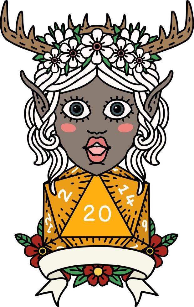 personagem druida elfo estilo tatuagem retrô com rolo natural de 20 dados vetor