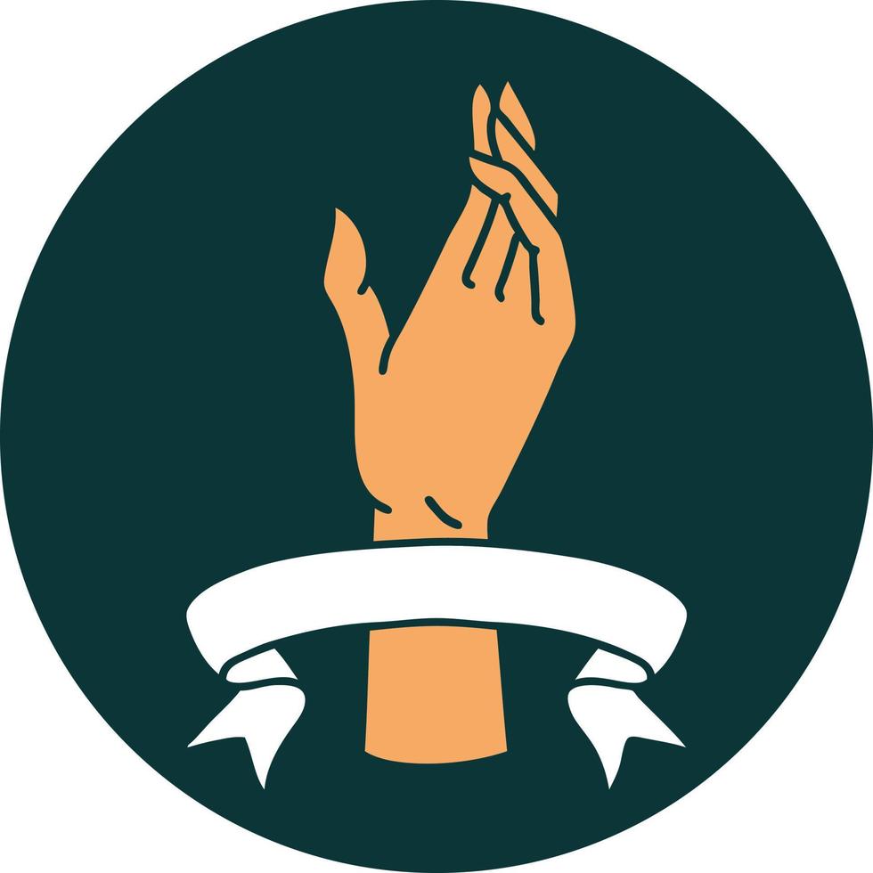 ícone de estilo de tatuagem com banner de uma mão vetor
