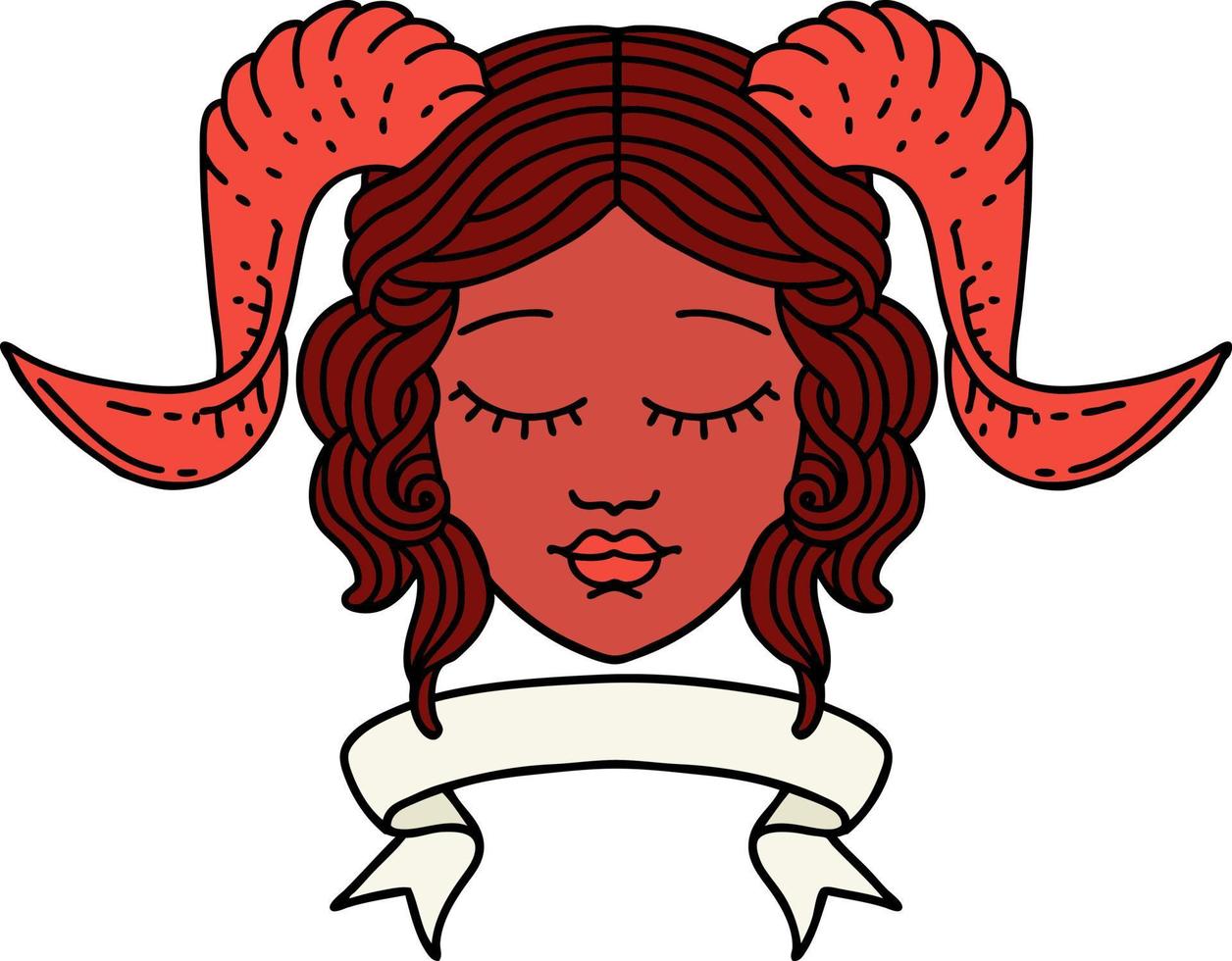 rosto de personagem tiefling estilo tatuagem retrô com banner de rolagem vetor