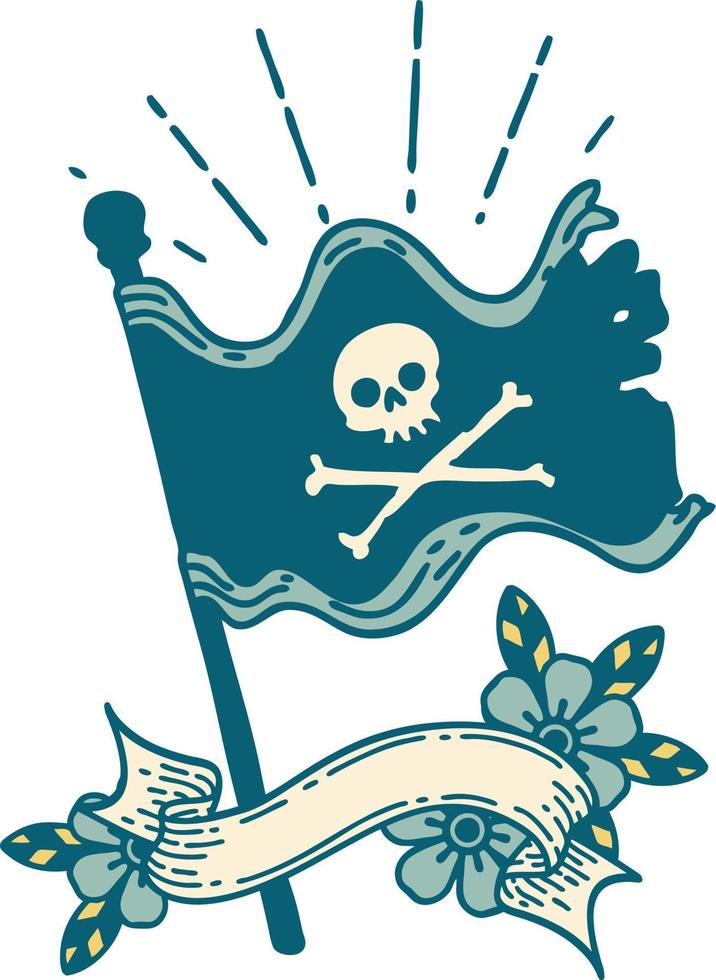 banner de rolagem com estilo de tatuagem acenando bandeira pirata vetor