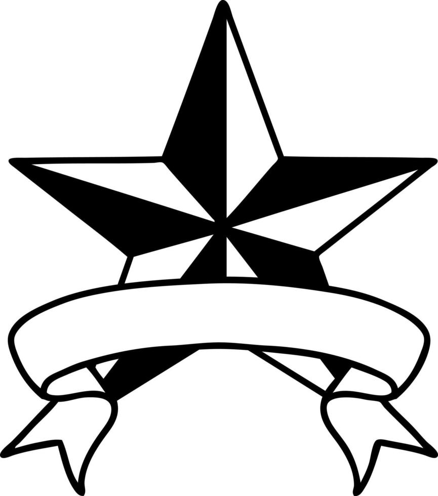 tatuagem de linha preta tradicional com banner de uma estrela vetor