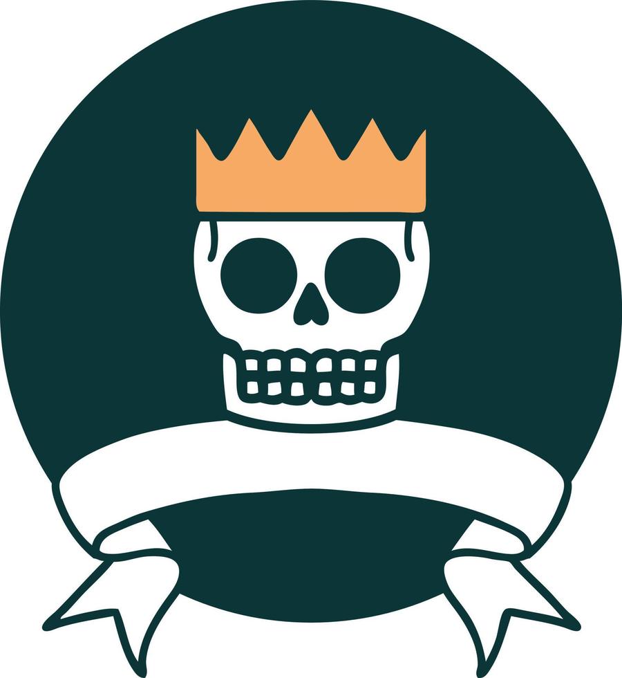 ícone de estilo de tatuagem com banner de uma caveira e coroa vetor