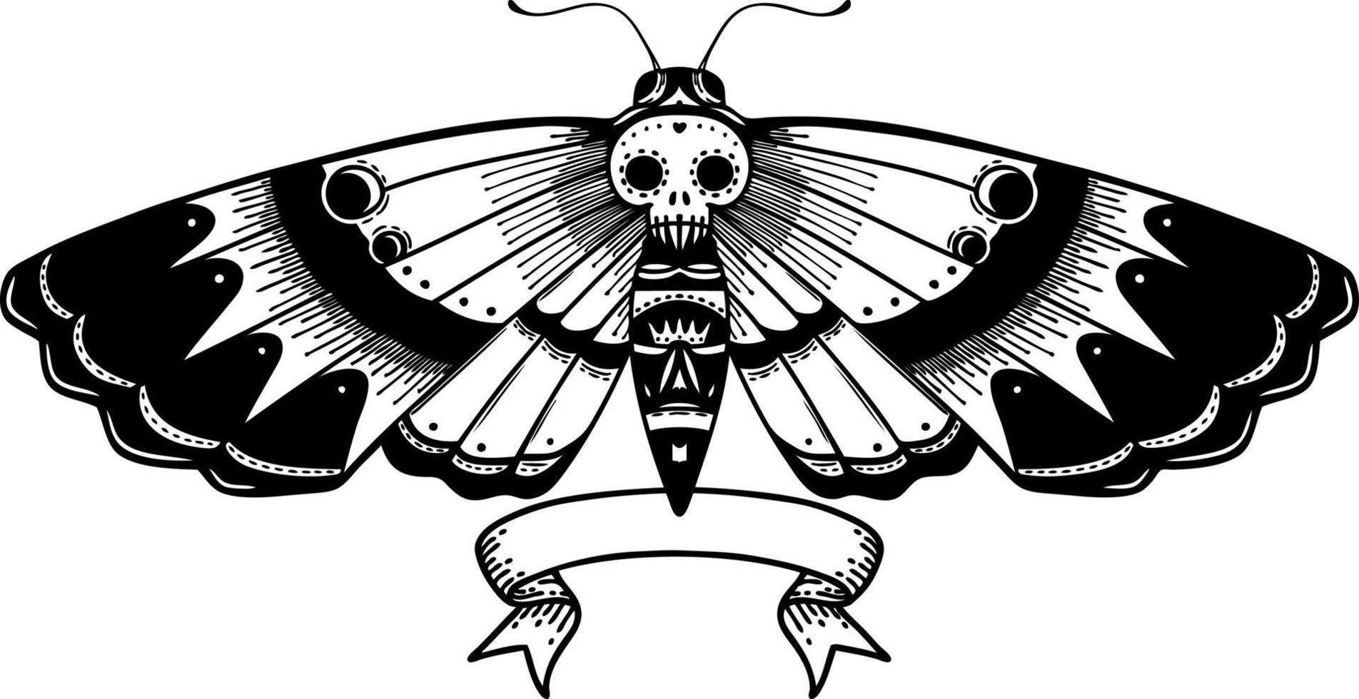 tatuagem de linha preta tradicional com banner de uma mariposa de cabeça de morte vetor