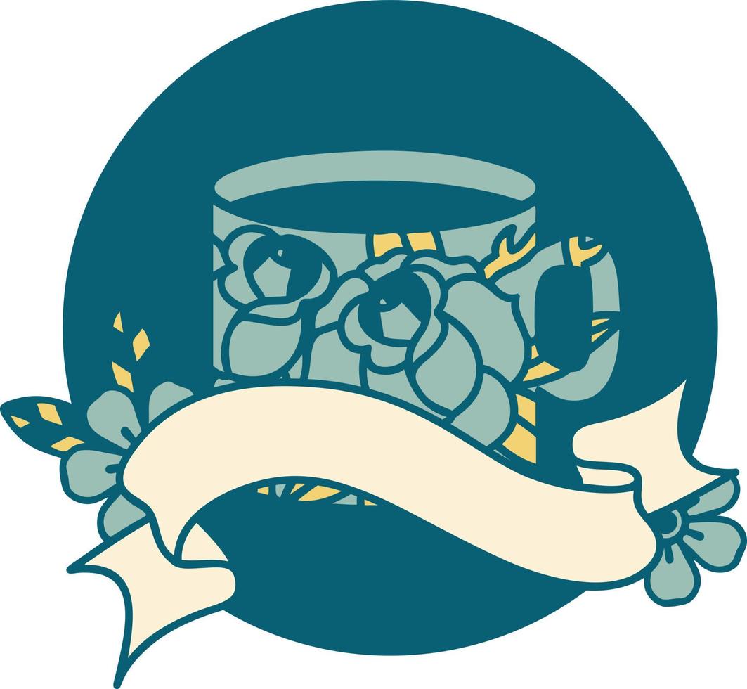 ícone de estilo de tatuagem com banner de uma xícara e flores vetor