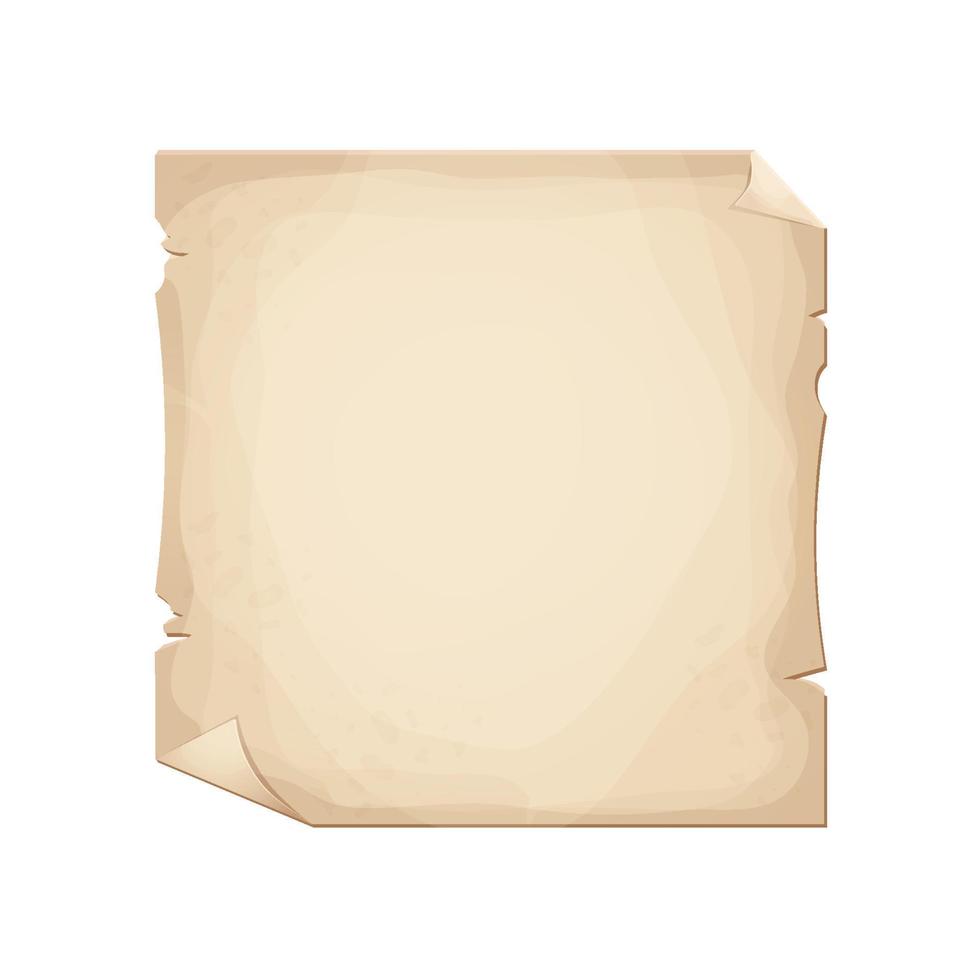 papel de pergaminho velho, carta medieval vazia de página em estilo cartoon, isolado no fundo branco. ativo do jogo, moldura grunge, manuscrito. ilustração vetorial vetor