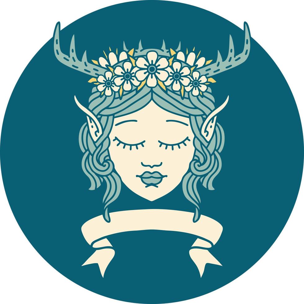 rosto de personagem de elfo druida estilo tatuagem retrô com banner vetor