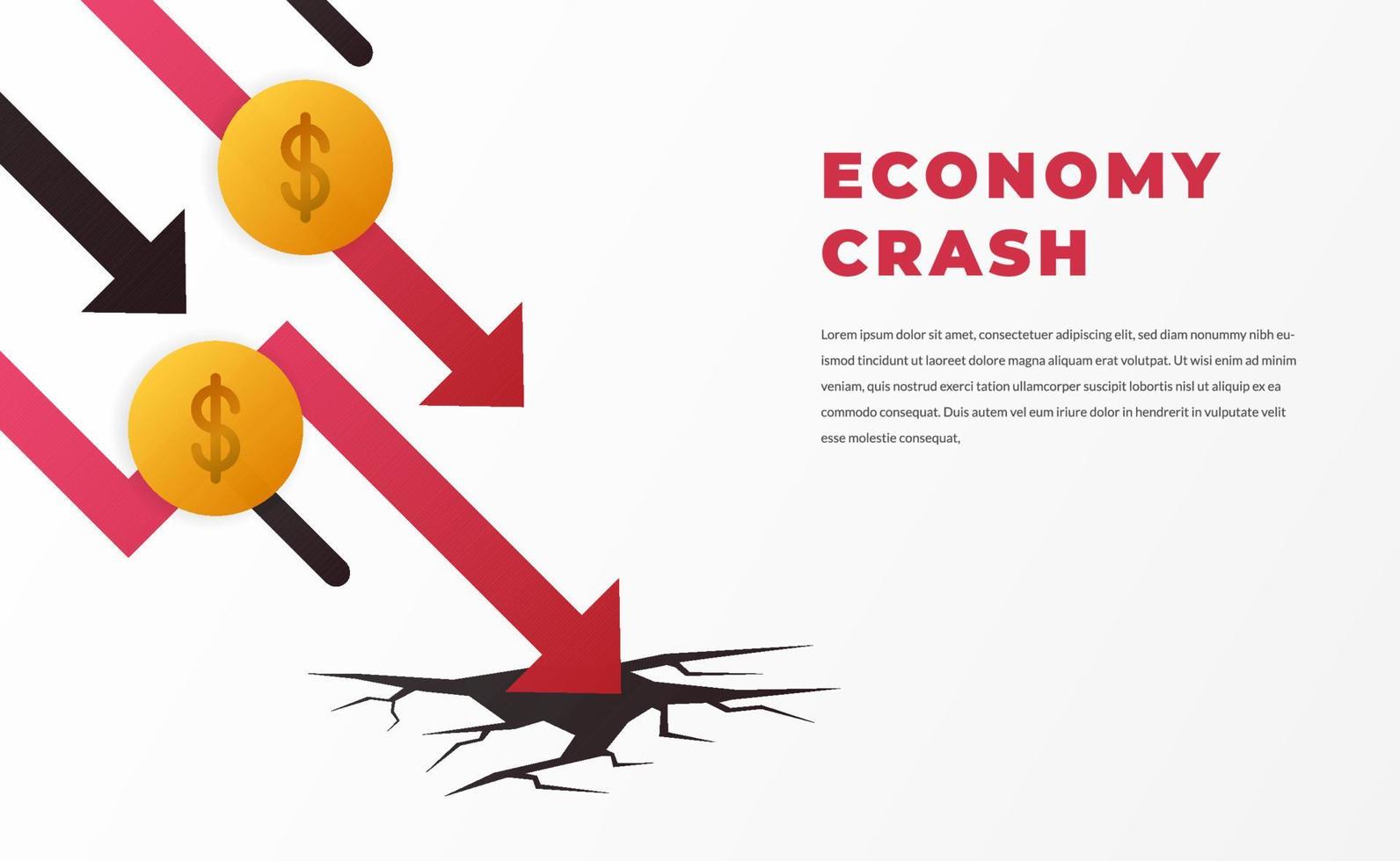 crash da economia, inflação, crise financeira falida com seta de tendência de baixa com conceito de dinheiro dólar com fundo branco vetor