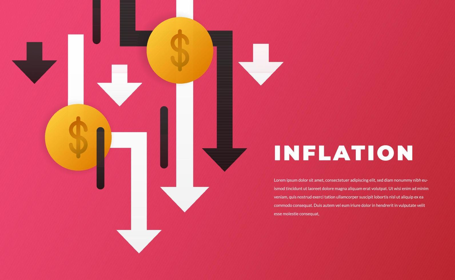 crash da economia, inflação, crise financeira falida com seta de tendência de baixa com conceito de dinheiro dólar com fundo vermelho vetor