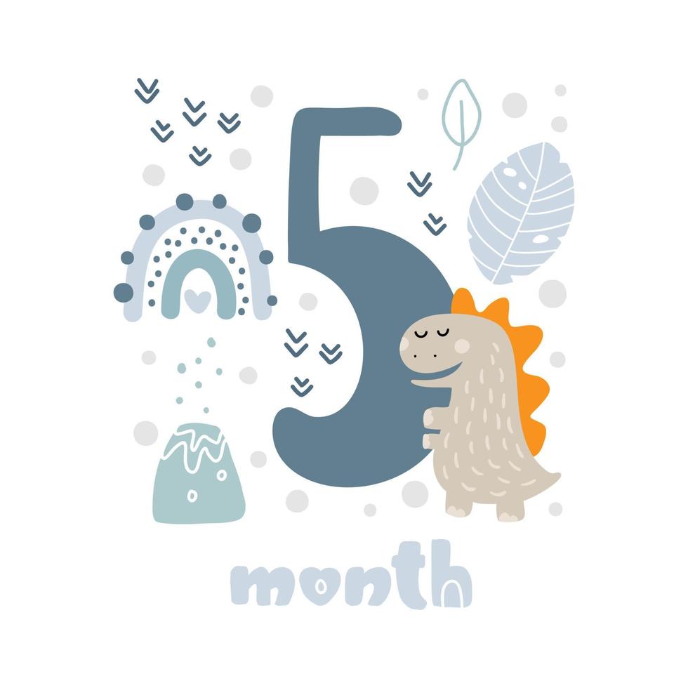 5 métricas de cartão de aniversário de bebê de cinco meses. impressão de chá de bebê com dinossauro fofo, flores e palmeiras capturando todos os momentos especiais. cartão marco do bebê para recém-nascido vetor