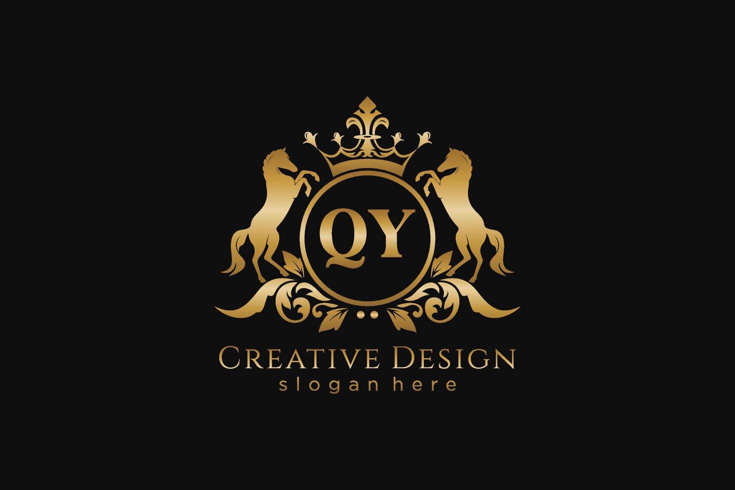 crista dourada retro qy inicial com círculo e dois cavalos, modelo de crachá com pergaminhos e coroa real - perfeito para projetos de marca luxuosos vetor