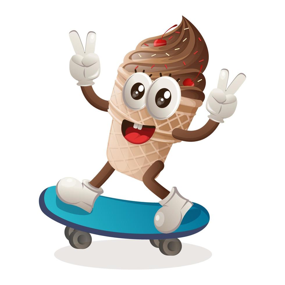 mascote de sorvete fofo jogando skate, andando de skate vetor