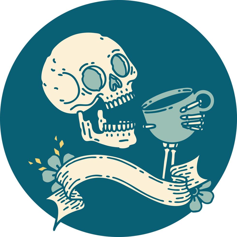 ícone com banner de uma caveira tomando café vetor
