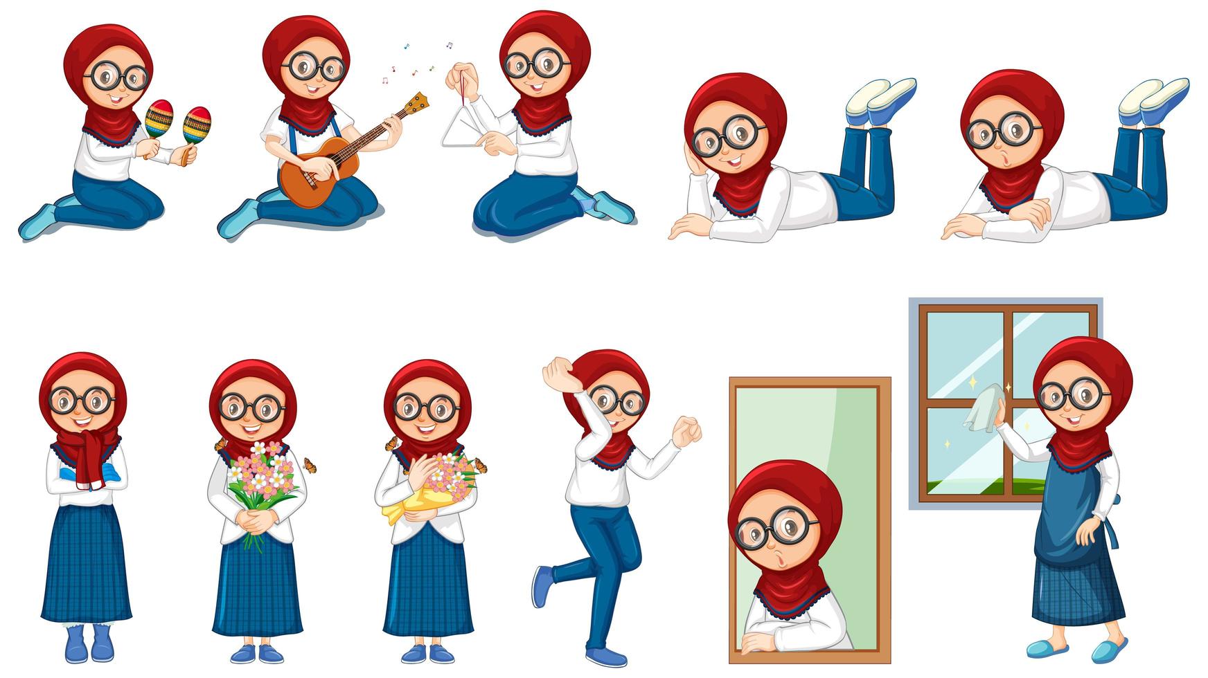 menina muçulmana fazendo muitas atividades no fundo branco vetor