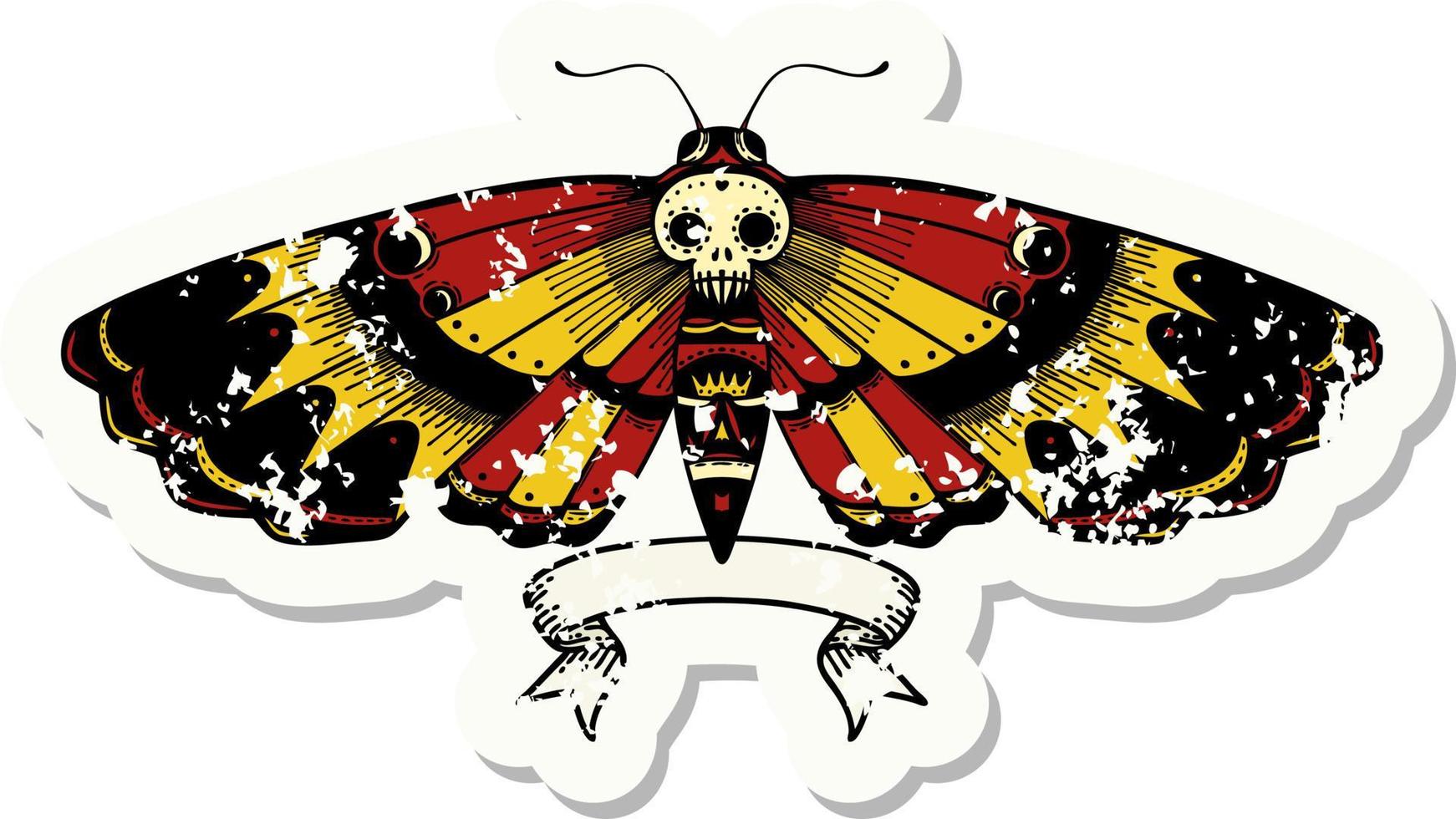 adesivo grunge com banner de uma mariposa de cabeça de morte vetor