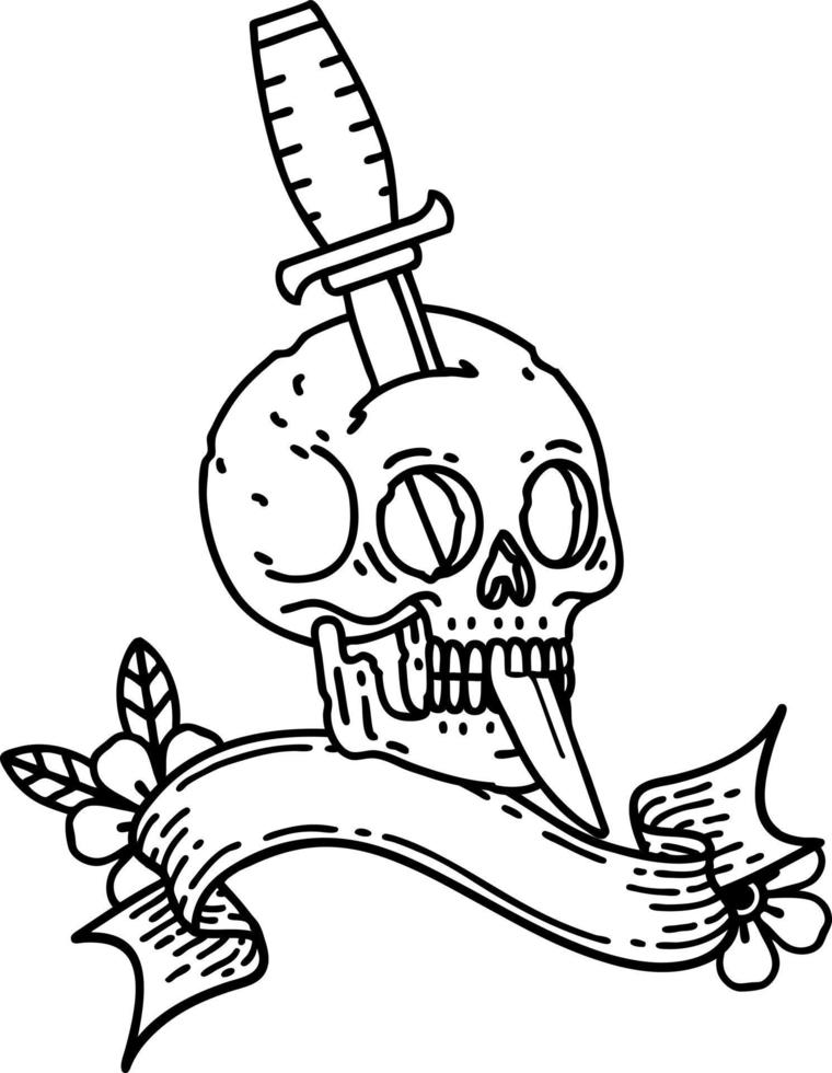 tatuagem de linha preta com banner de uma caveira e punhal vetor