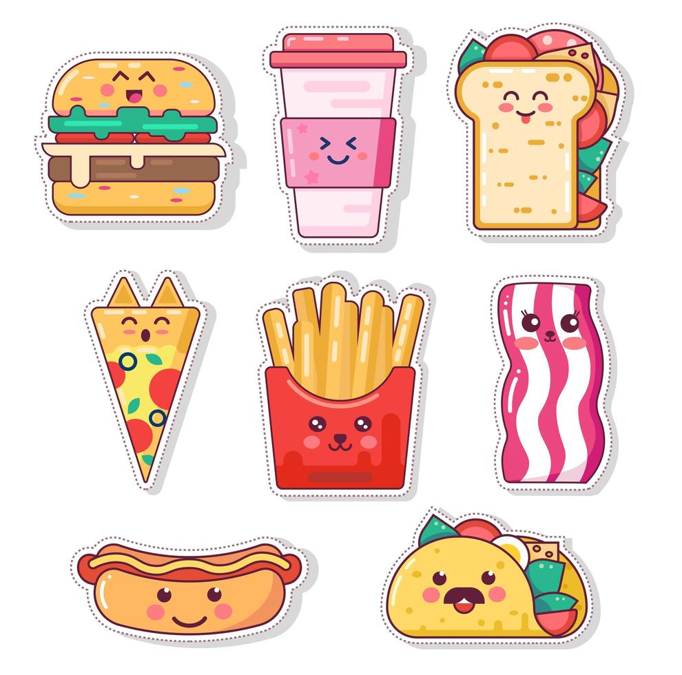 conjunto de adesivos bonitos fast-food vetor