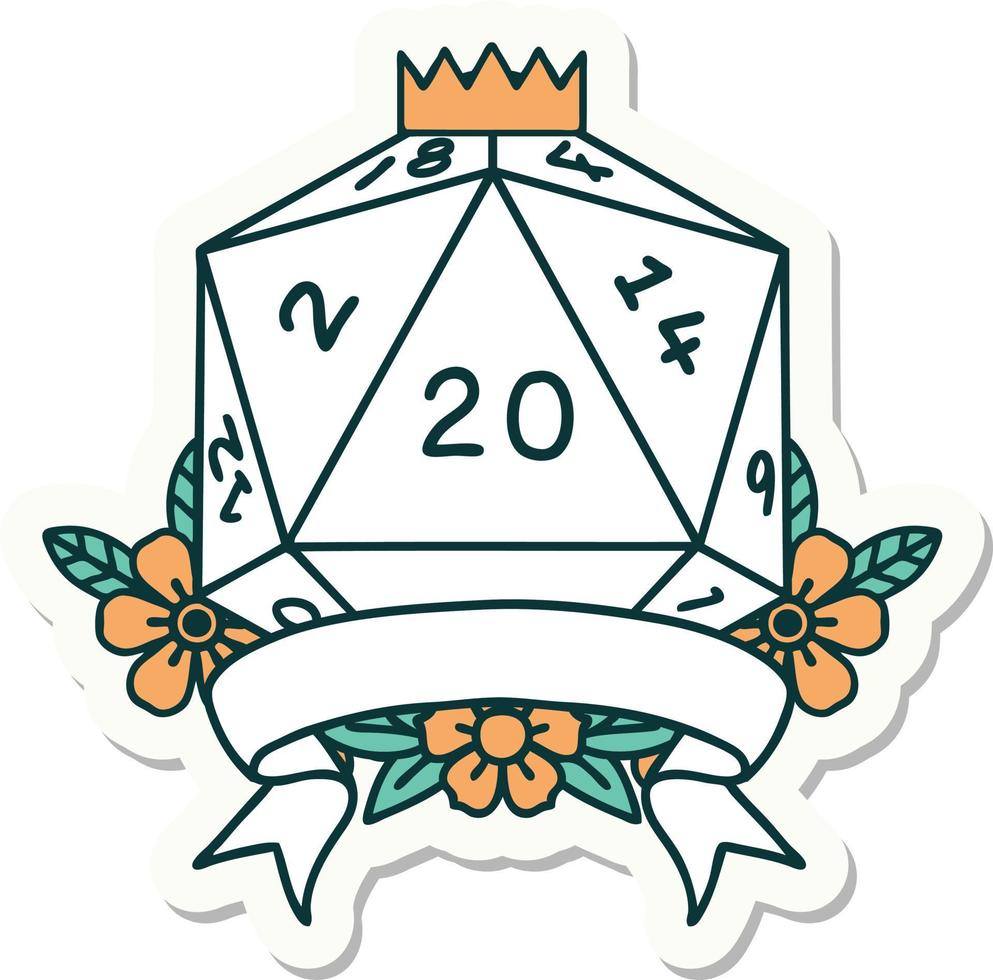 adesivo de rolagem de dados d20 de acerto crítico natural de 20 vetor