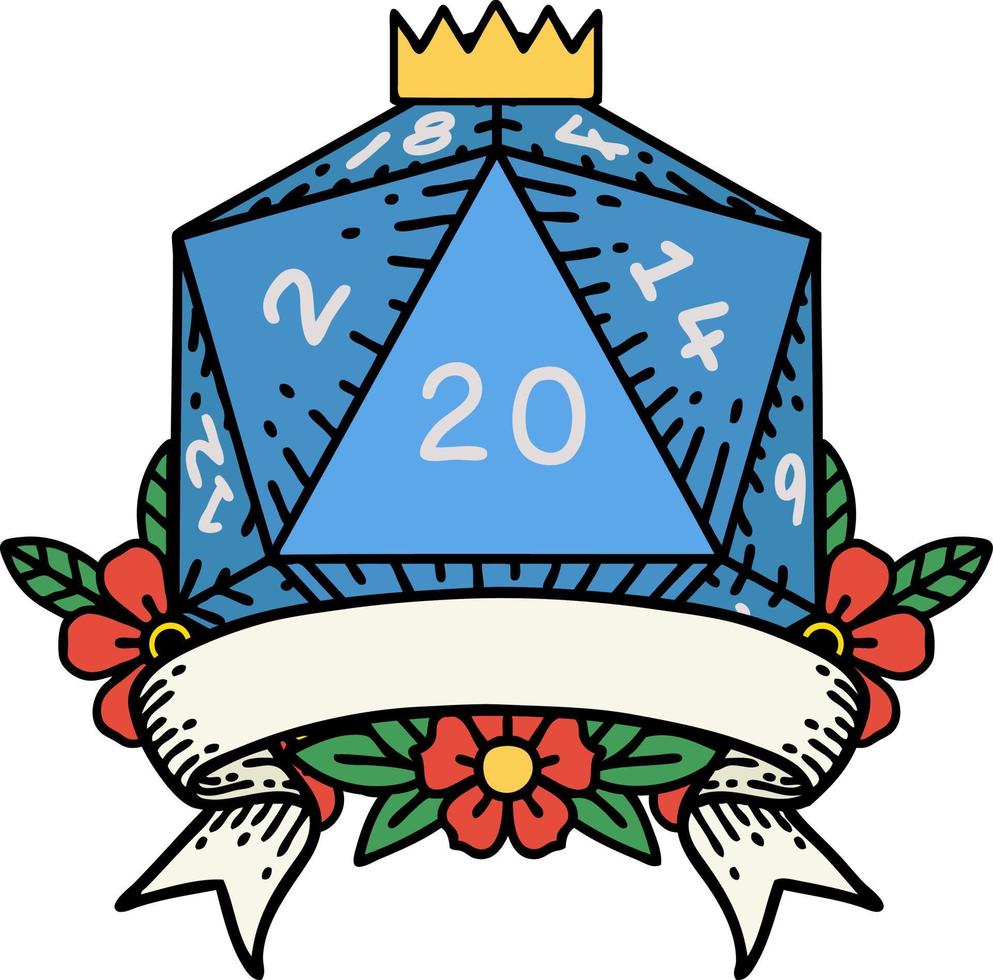 ilustração de rolagem de dados d20 de acerto crítico natural de 20 vetor