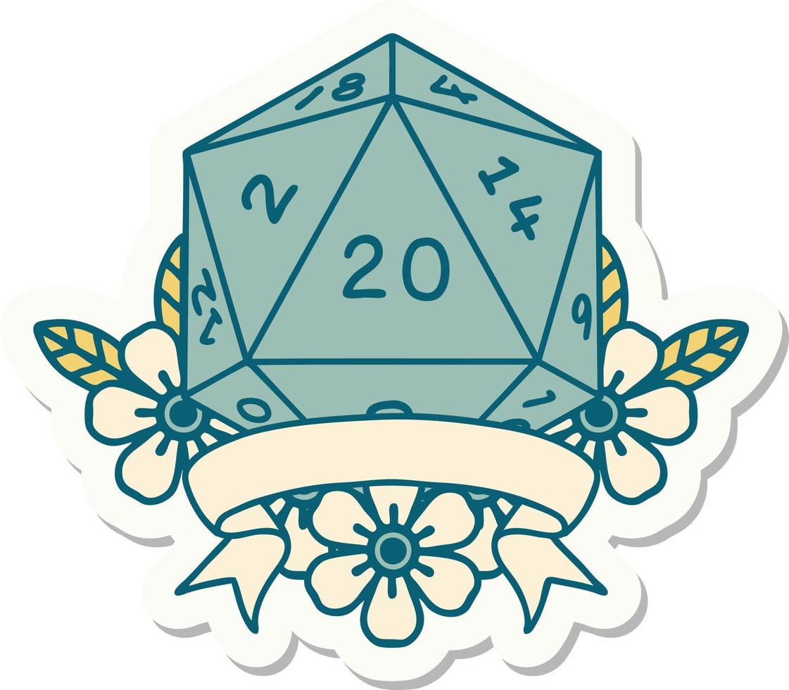 adesivo de rolagem de dados d20 de acerto crítico natural de 20 vetor