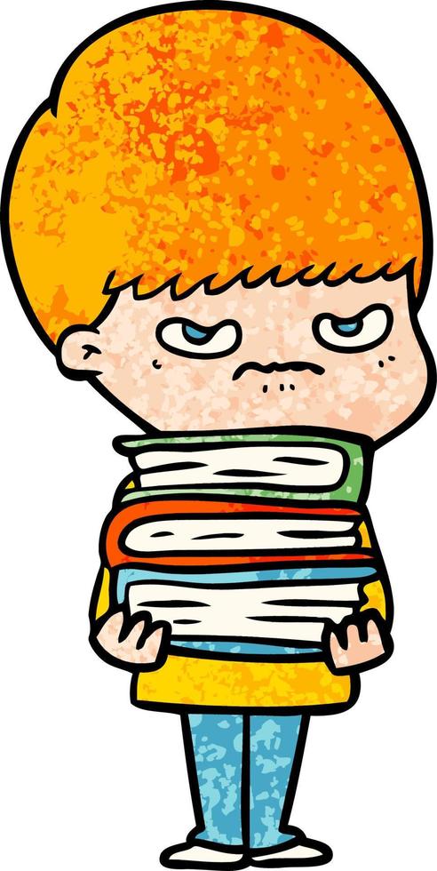 menino de desenho animado com raiva com livros vetor