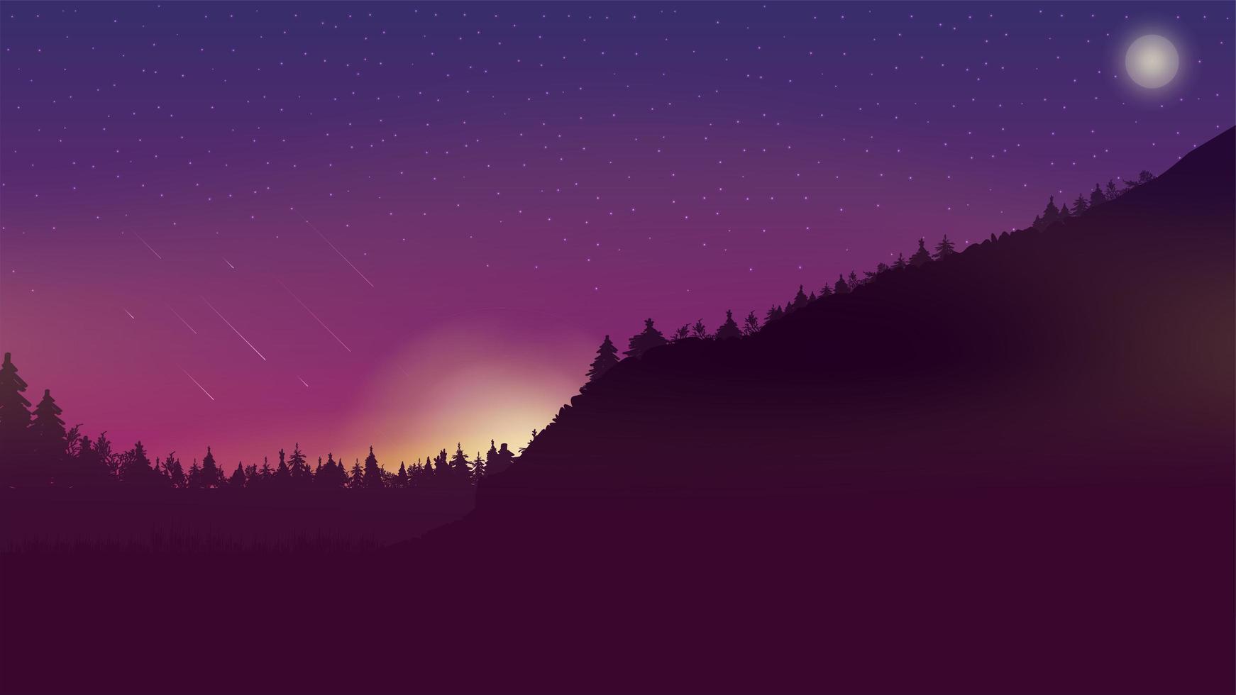 paisagem de noite roxa com grande montanha em primeiro plano vetor