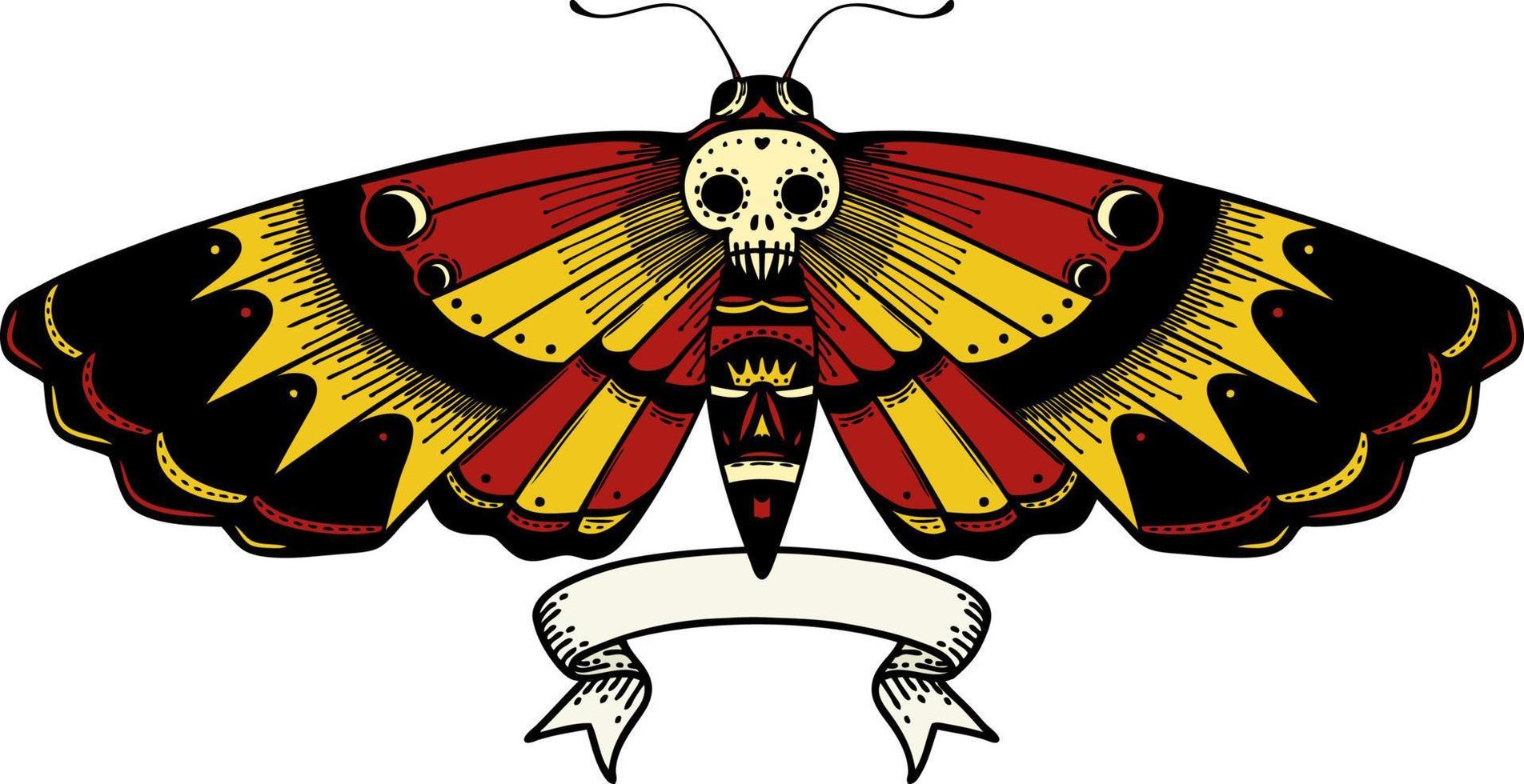 tatuagem com banner de uma mariposa cabeça de morte vetor