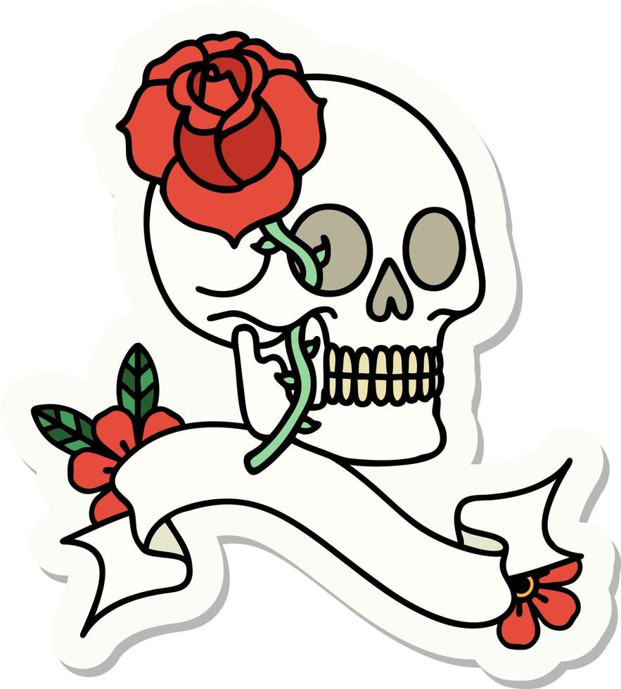 adesivo de tatuagem com banner de uma caveira e rosa vetor