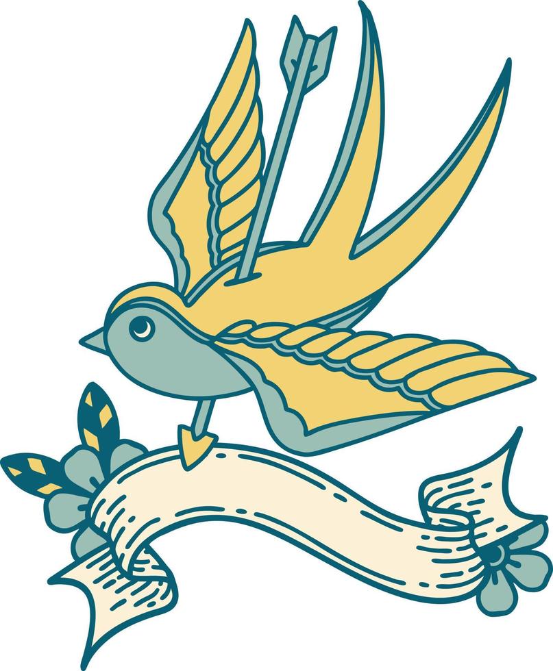 tatuagem tradicional com bandeira de uma andorinha perfurada por flecha vetor