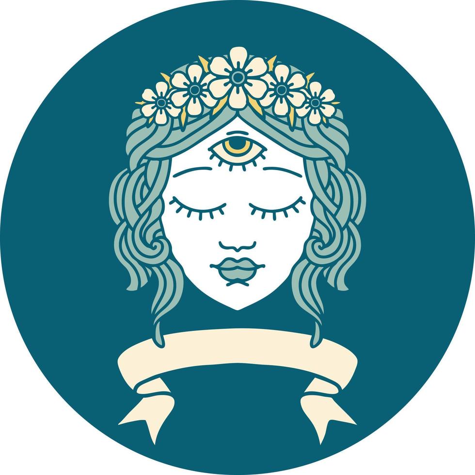 ícone de estilo de tatuagem com banner de rosto feminino com terceiro olho e coroa de flores vetor