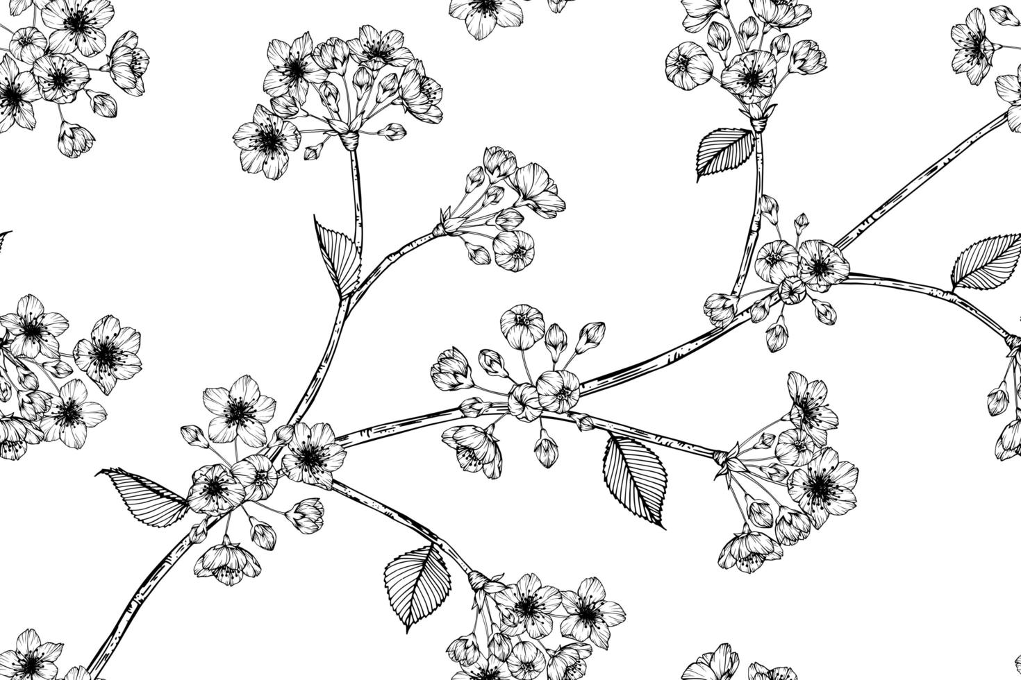 mão desenhada sem costura padrão flor de cerejeira e folhas vetor