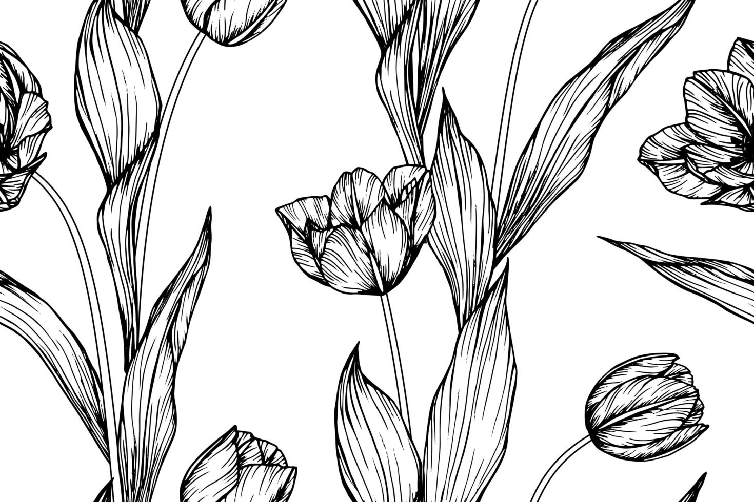 folhas e flor de tulipa desenhada mão padrão sem emenda vetor