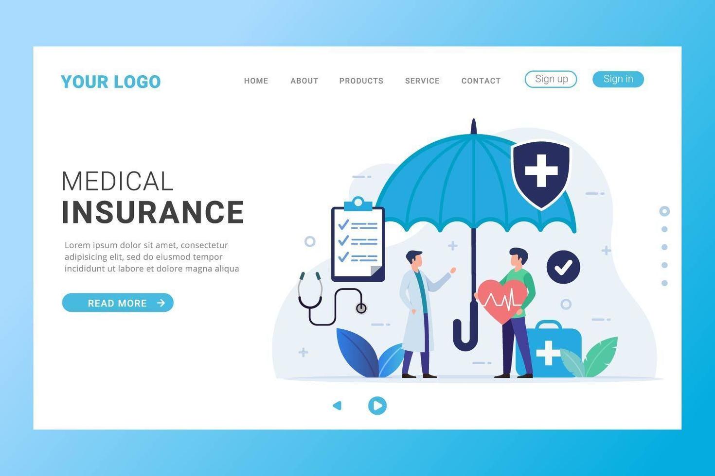 landing page de seguro médico com pessoas sob o guarda-chuva vetor