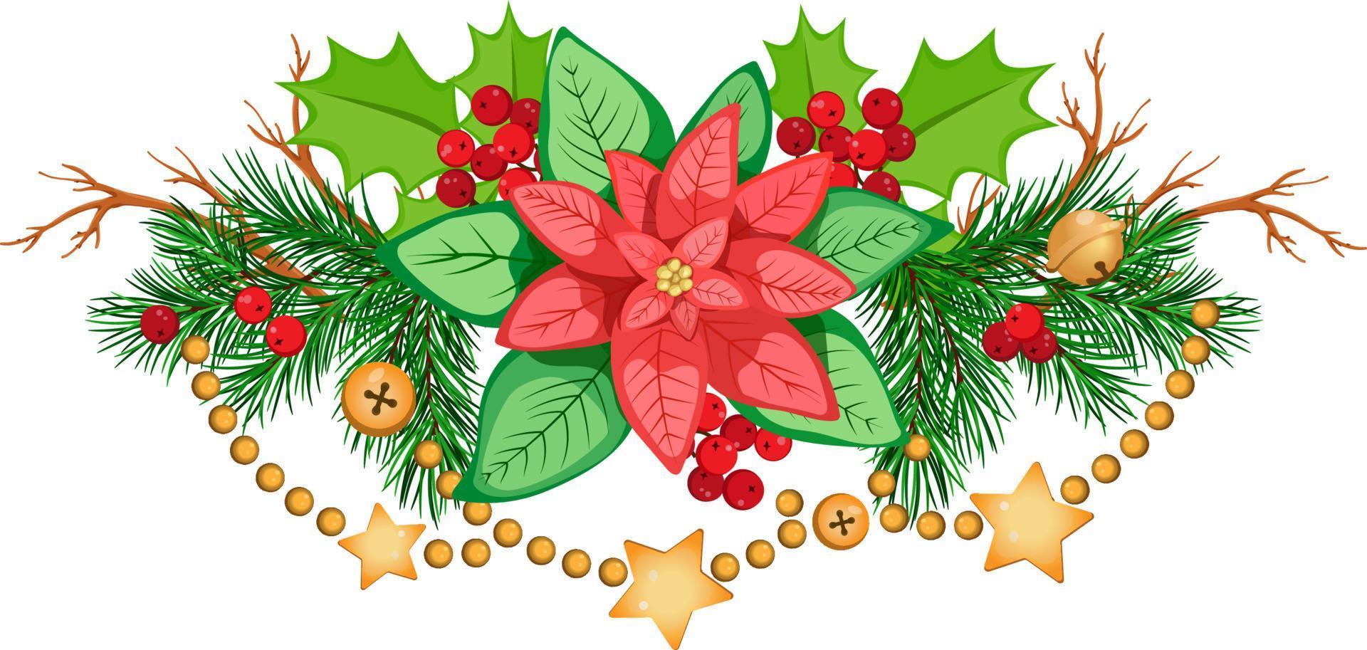 composição de natal com poinsétia, ramos de abeto, com azevinho, ramos, bagas e guirlanda dourada. vetor