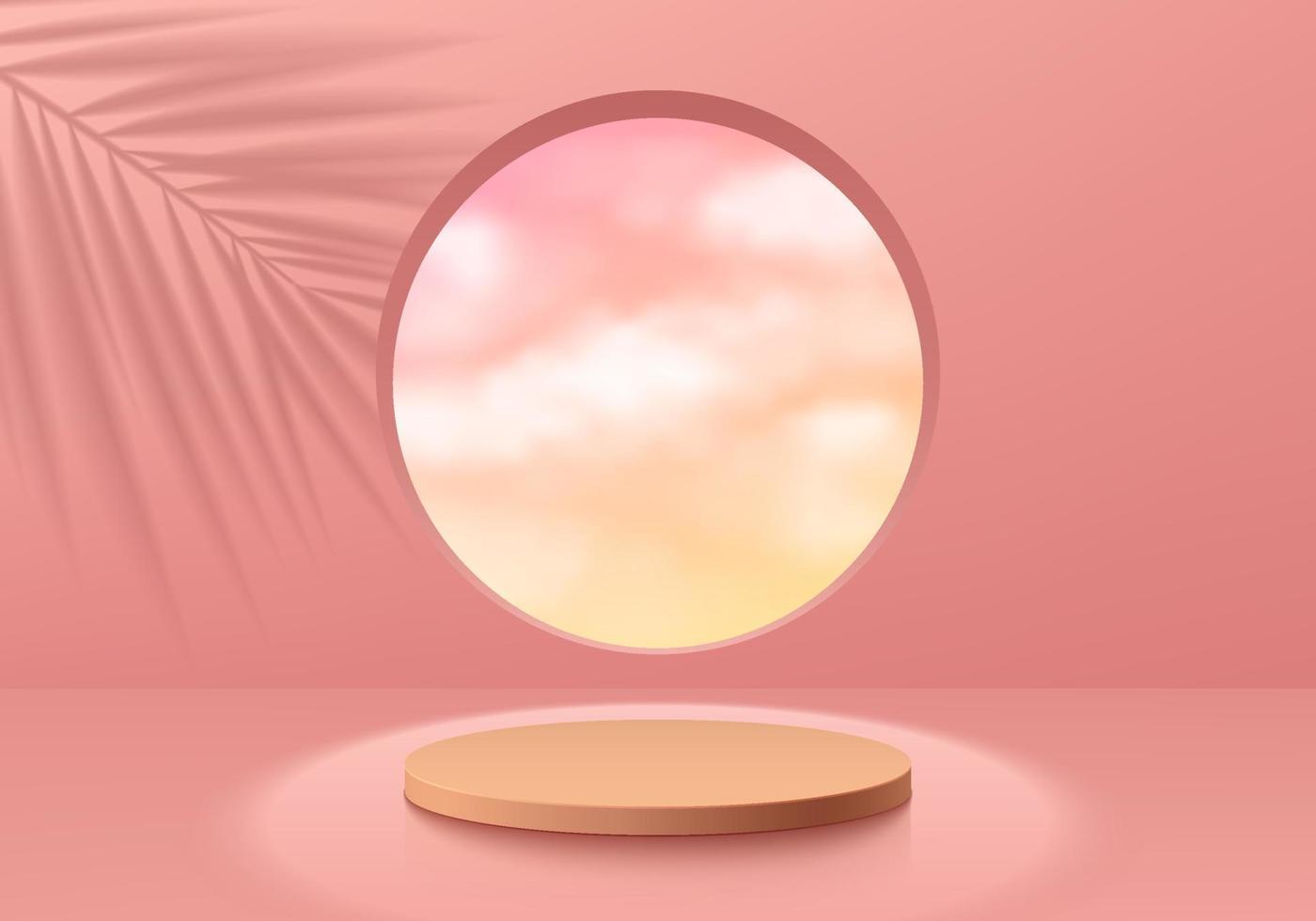 pódio de pedestal de cilindro rosa 3d realista com céu pôr do sol na janela do círculo, fundo de sobreposição de sombra de folha. abstrato de vetor com formas geométricas. exibição mínima de produtos de cena de parede. vitrine de palco.