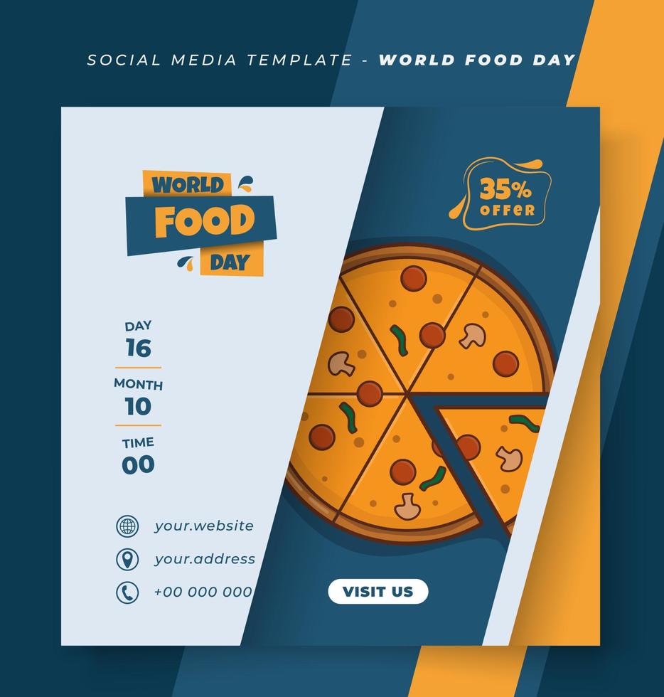 modelo de postagem de mídia social em fundo azul e amarelo branco para o design do dia mundial da alimentação vetor