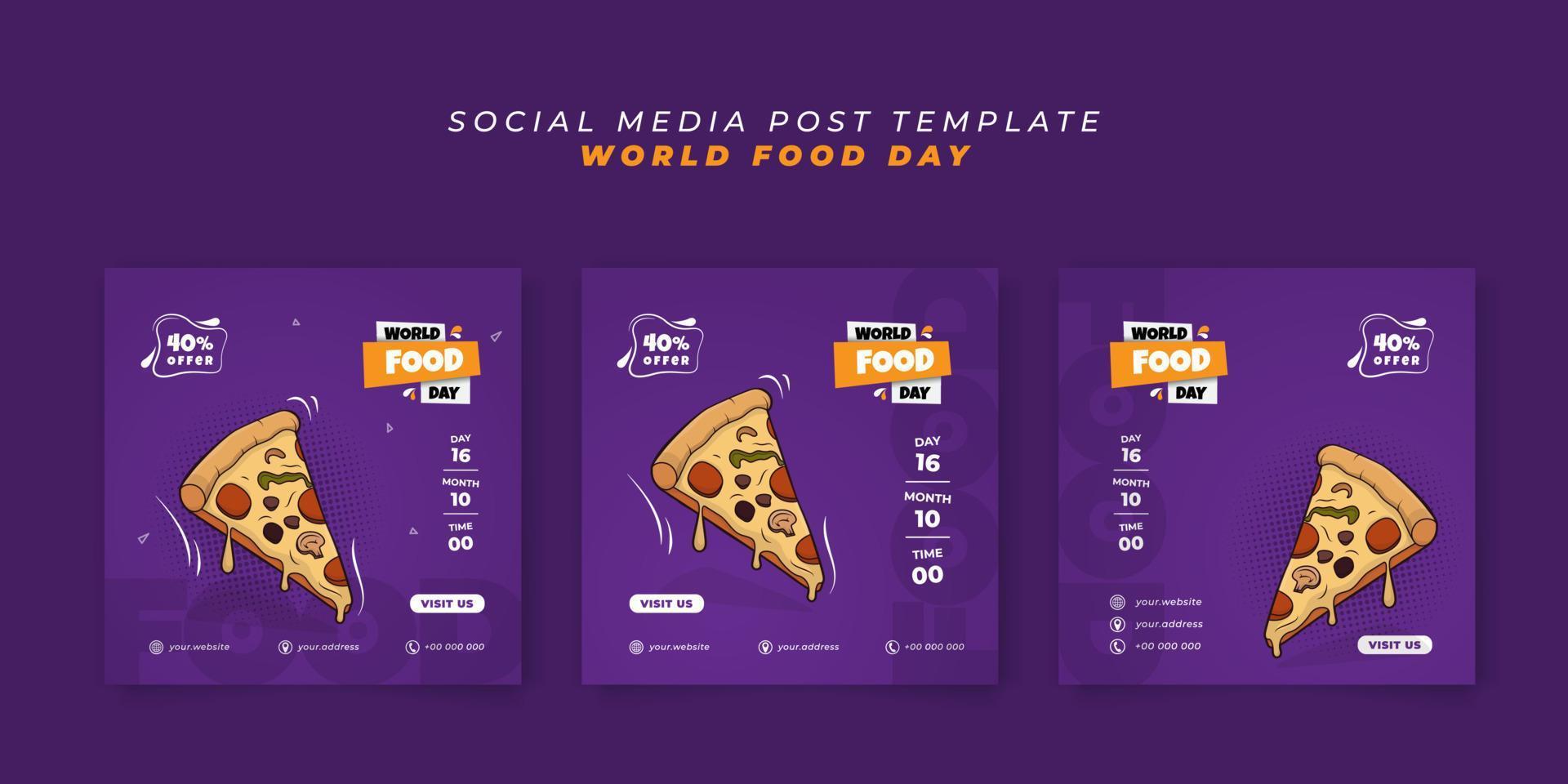 conjunto de modelo de postagem de mídia social em fundo roxo para design do dia mundial da alimentação vetor