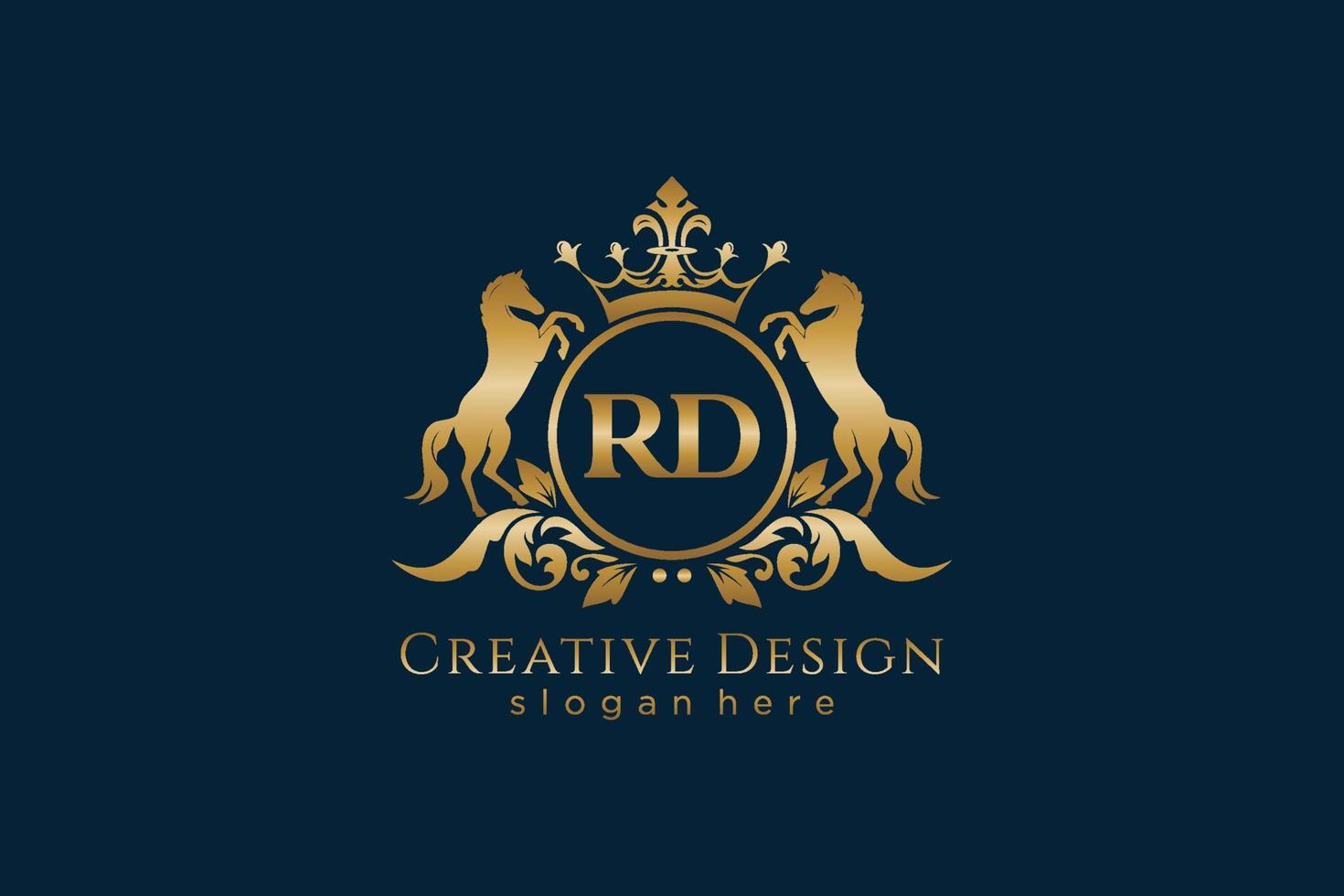 crista dourada retrô inicial rd com círculo e dois cavalos, modelo de crachá com pergaminhos e coroa real - perfeito para projetos de marca luxuosos vetor