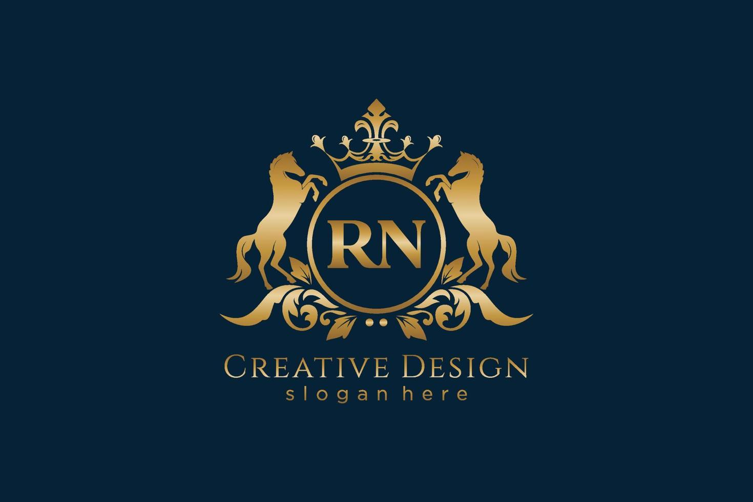 crista dourada retrô inicial rn com círculo e dois cavalos, modelo de crachá com pergaminhos e coroa real - perfeito para projetos de marca luxuosos vetor