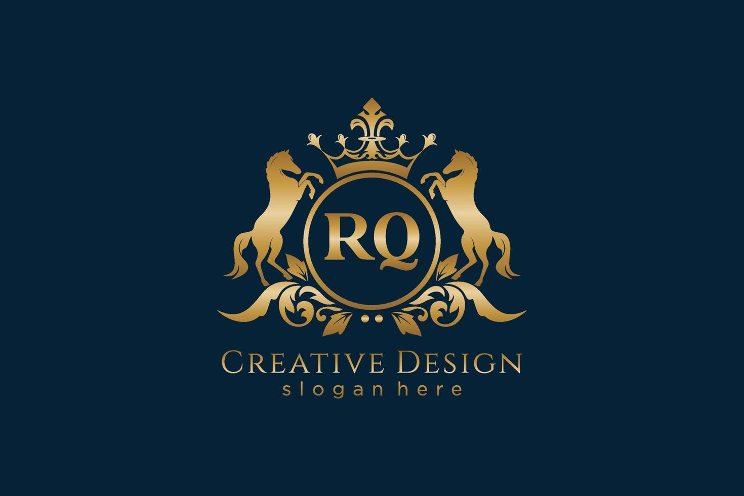 crista dourada retrô inicial rq com círculo e dois cavalos, modelo de crachá com pergaminhos e coroa real - perfeito para projetos de marca luxuosos vetor