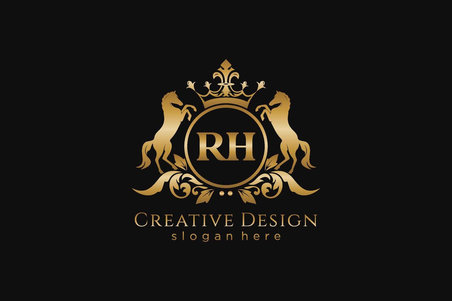 crista dourada retrô inicial rh com círculo e dois cavalos, modelo de crachá com pergaminhos e coroa real - perfeito para projetos de marca luxuosos vetor
