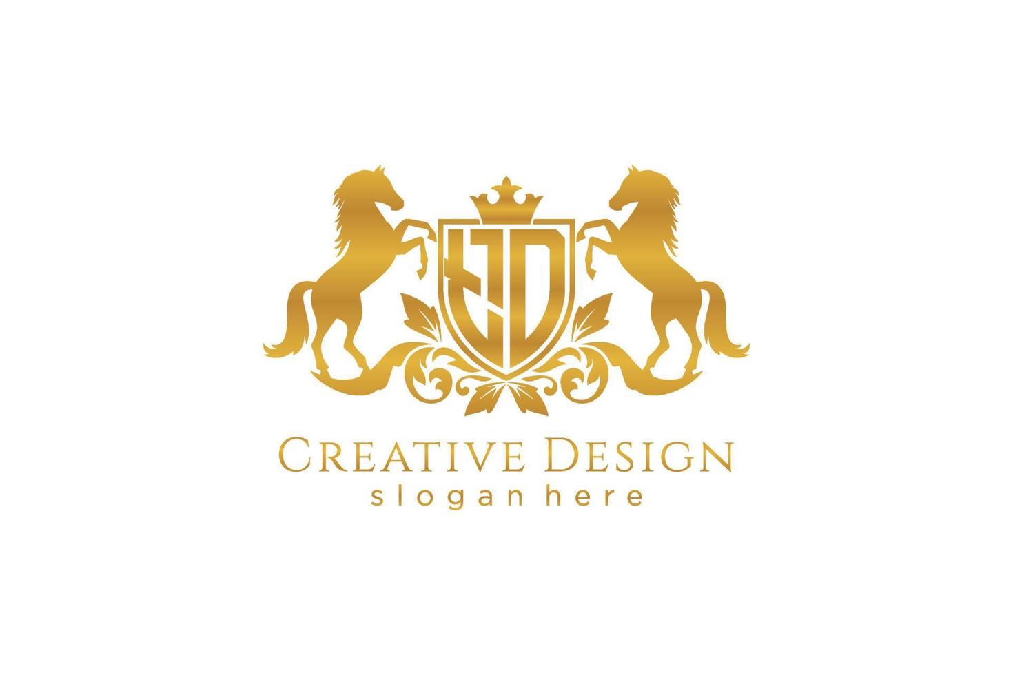 crista dourada retro td inicial com escudo e dois cavalos, modelo de crachá com pergaminhos e coroa real - perfeito para projetos de marca luxuosos vetor