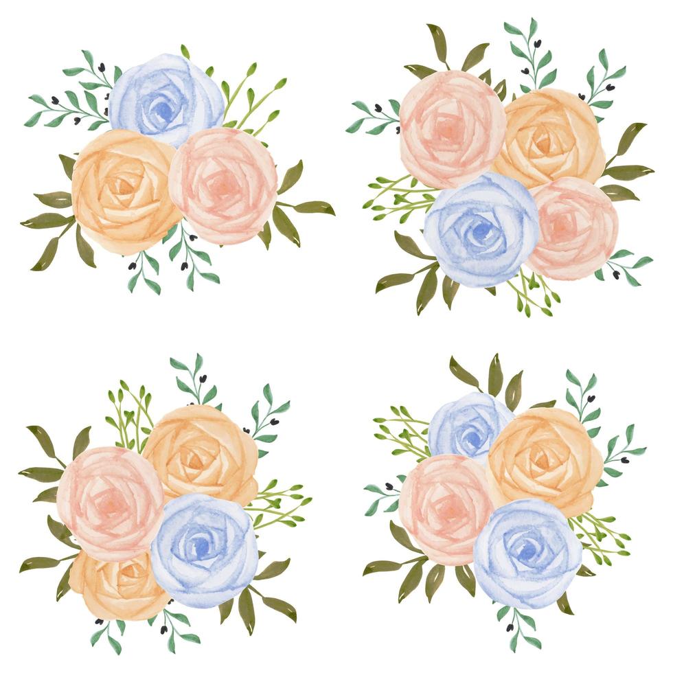 conjunto de buquê de flores em aquarela rosa pastel azul vetor